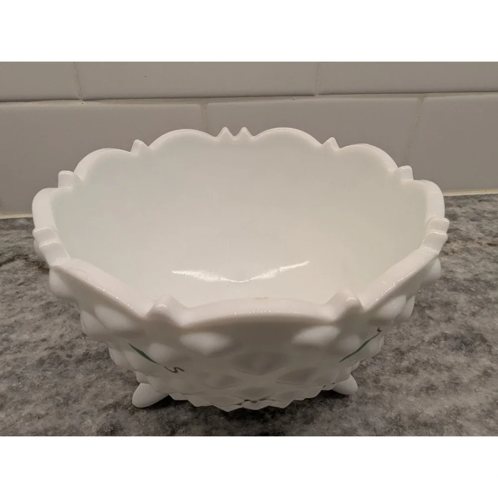 Vintage White Milk Glass‎ 3 Footed Hobnail Bowl Candy Dish 5